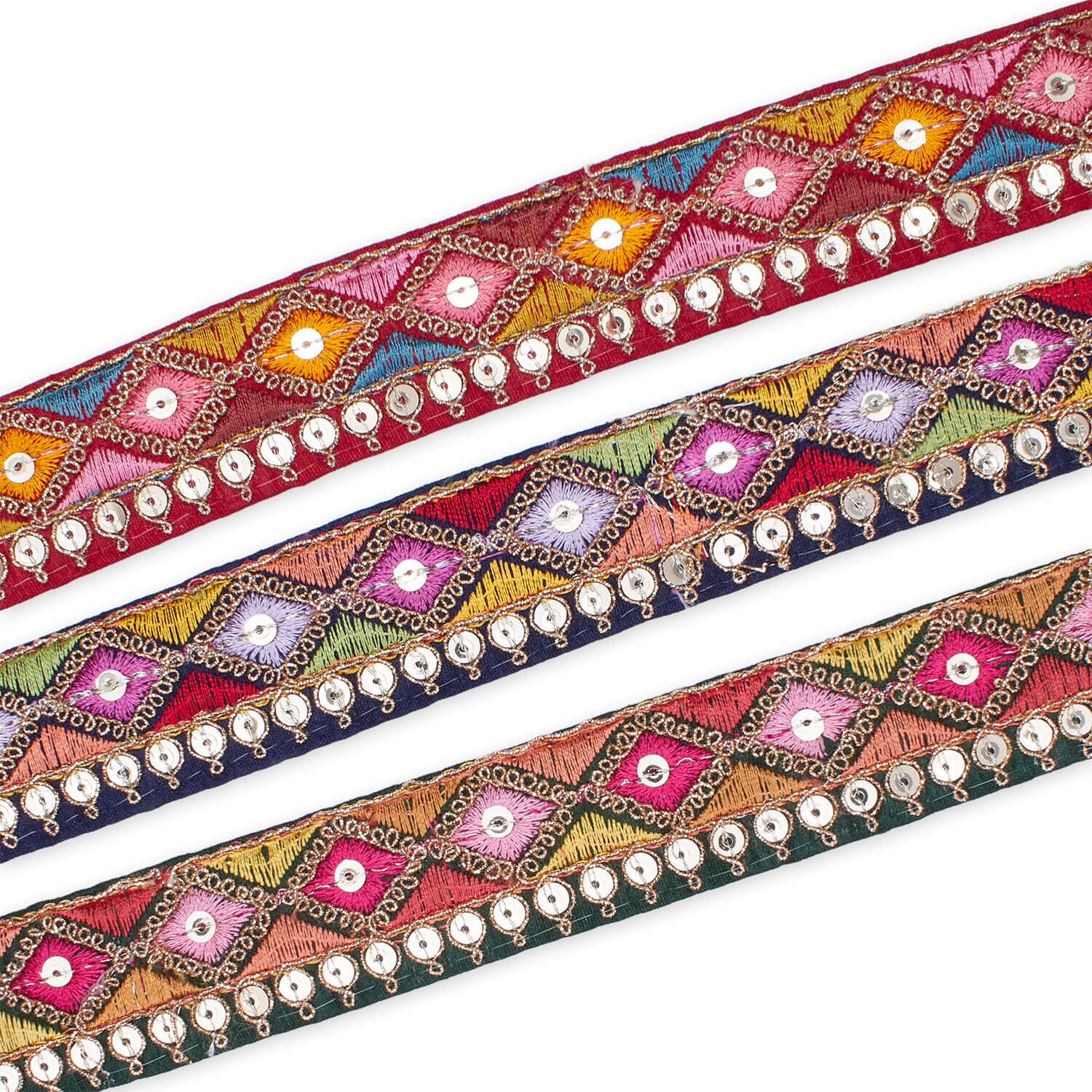 1.25 Inch Diamond Geometric Sequined Metallic Corded Embroidered Trim (9.8 Yards / 9 Meters)
