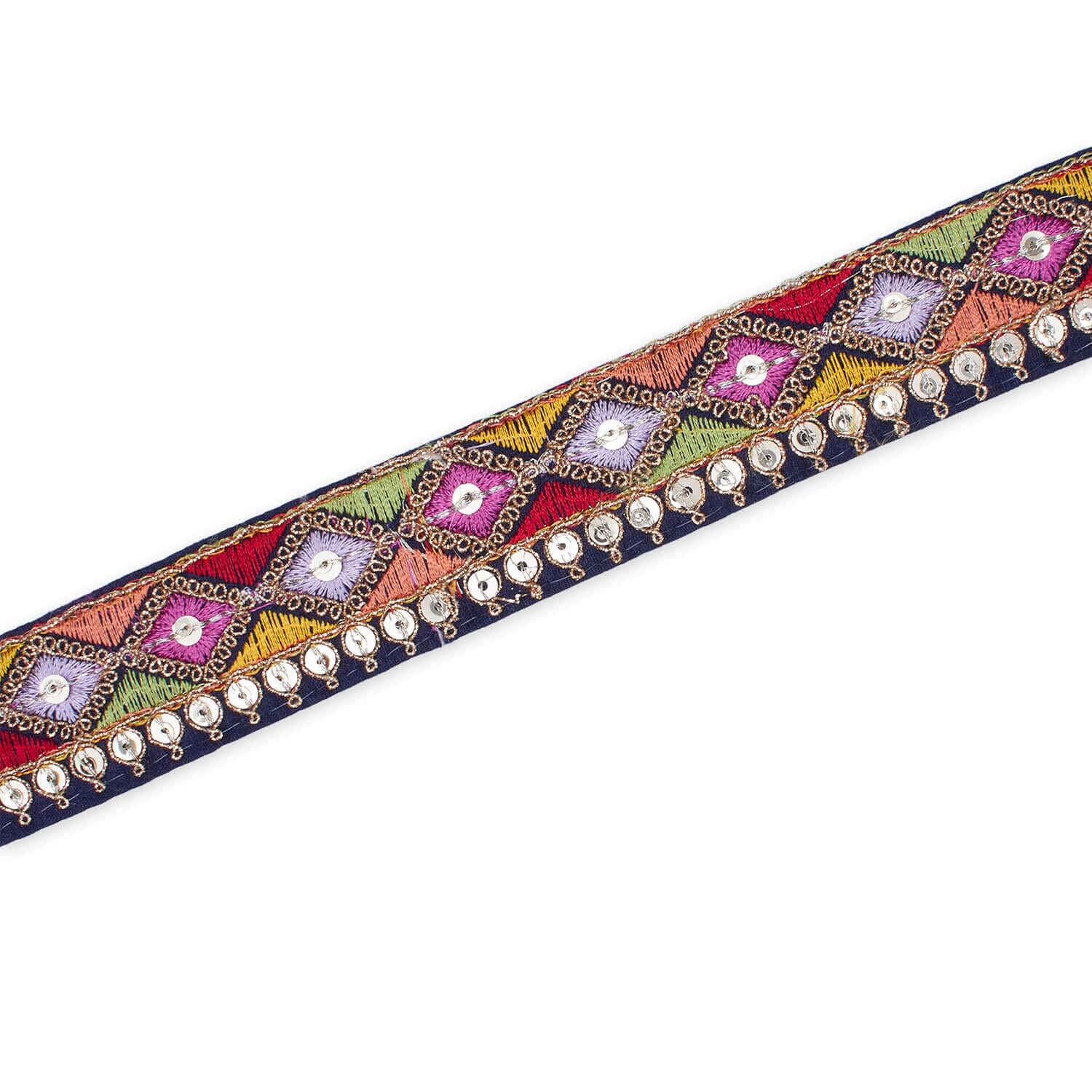 1.25 Inch Diamond Geometric Sequined Metallic Corded Embroidered Trim (9.8 Yards / 9 Meters) - Image 2