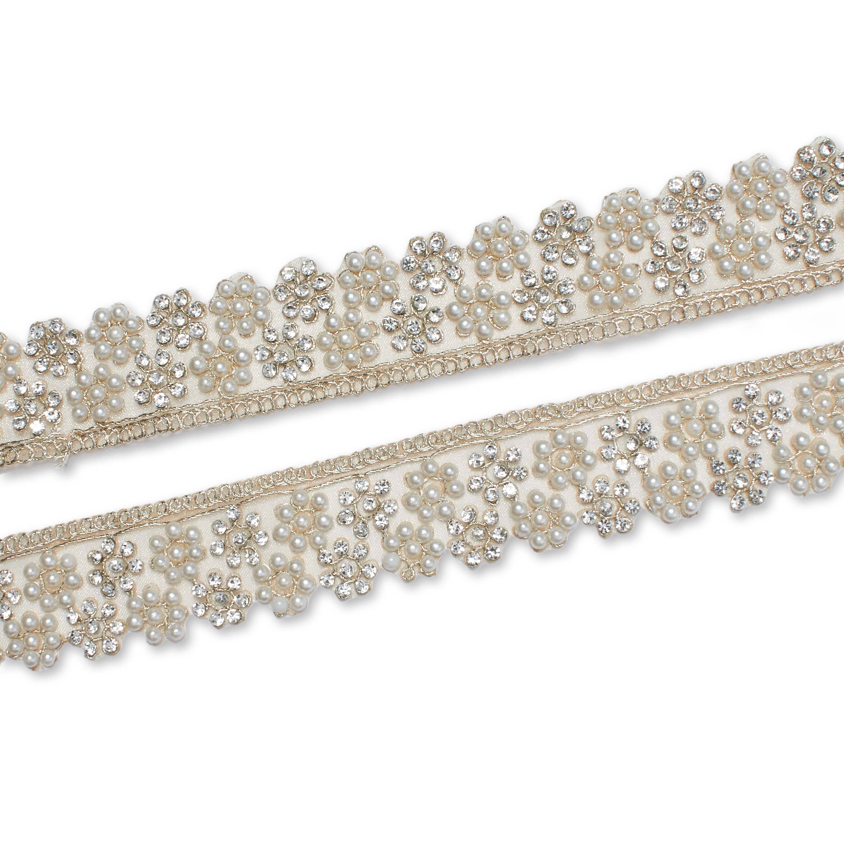 1.25 Inch Floral Beaded Rhinestone Corded Mesh Trim (9.8 Yards / 9 Meters) - Image 3