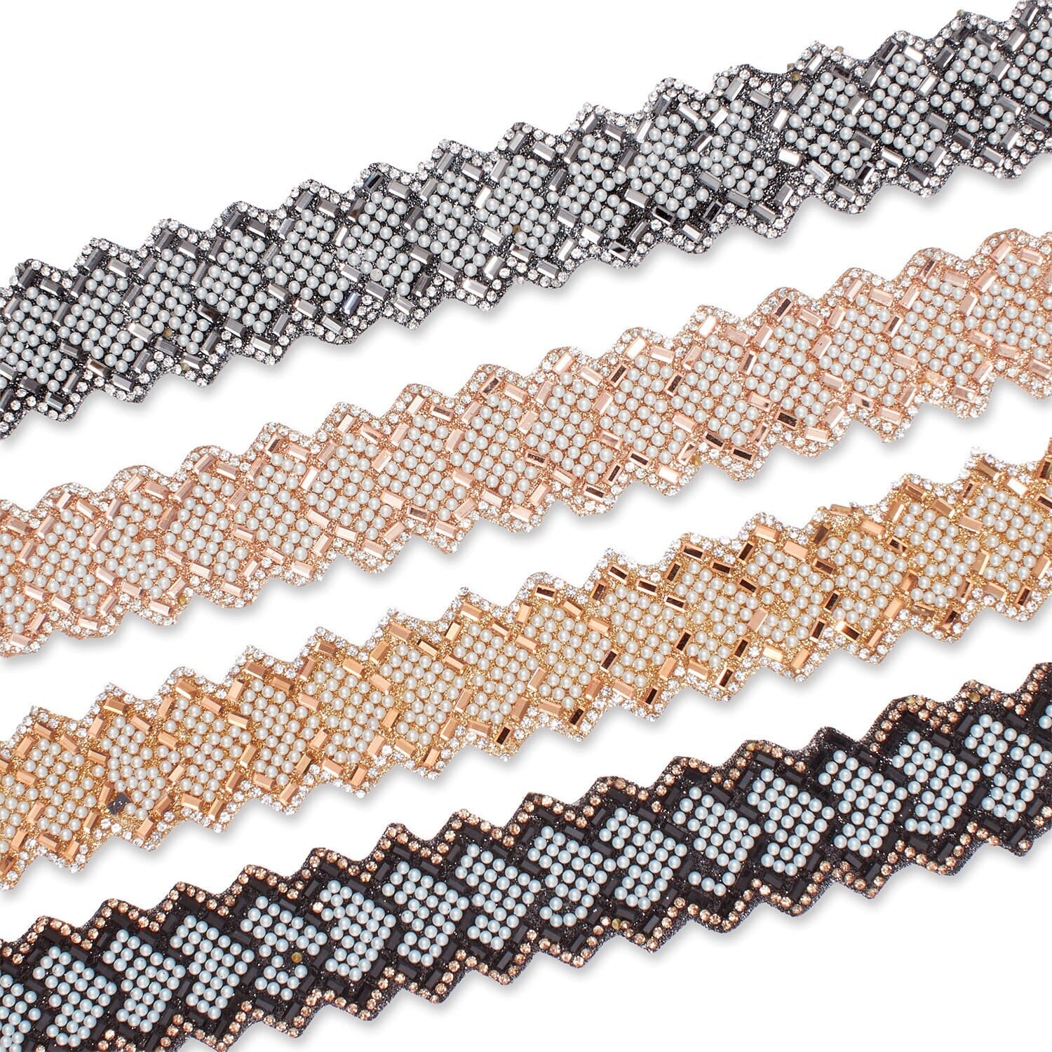1.25 Inch Pearly Rhinestone Glitter Infused Iron On Scalloped Mesh Fabric Trim