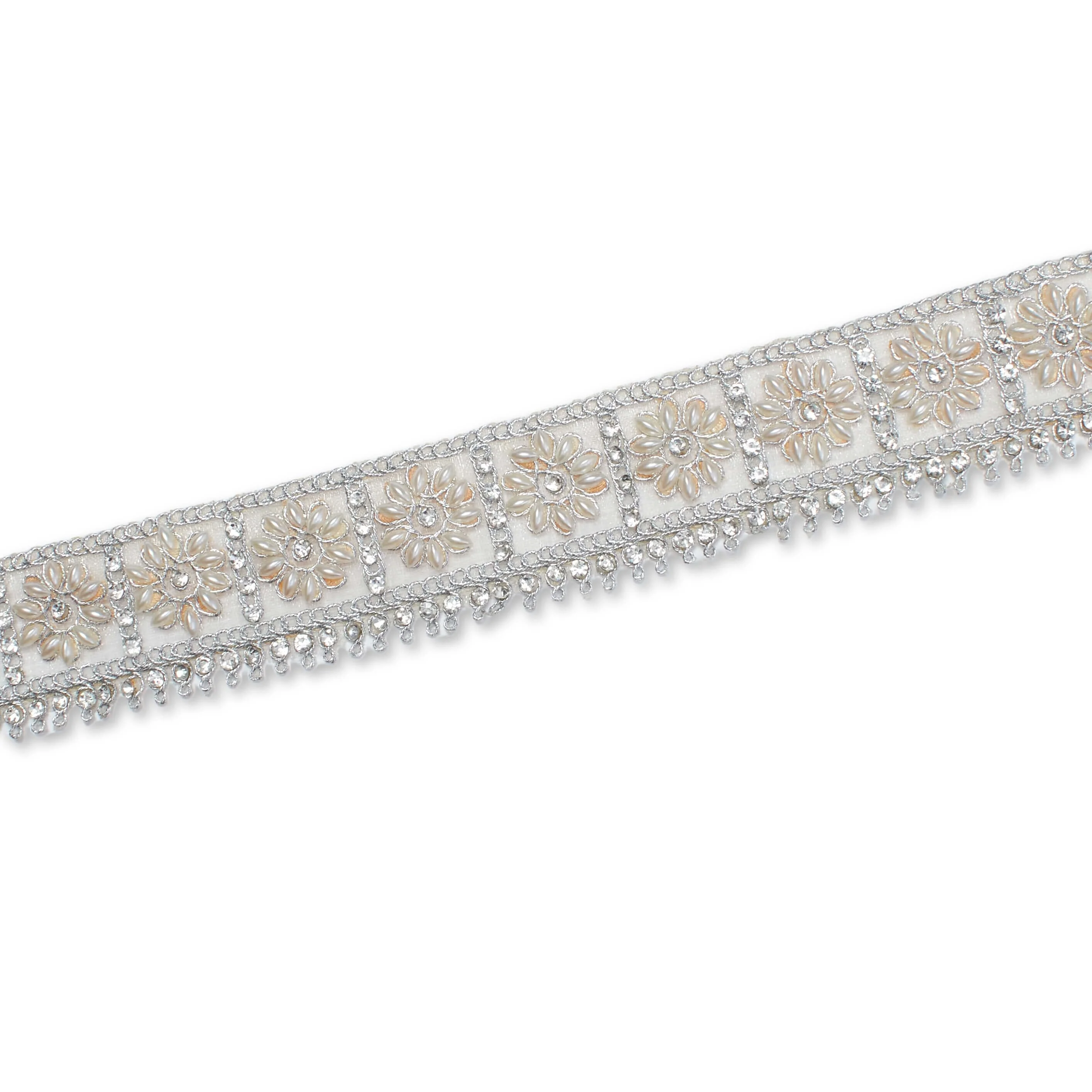 1.5 Inch Floral Geometric Rhinestone Bead Corded Mesh Trim (9.8 Yards / 9 Meters) - Image 2