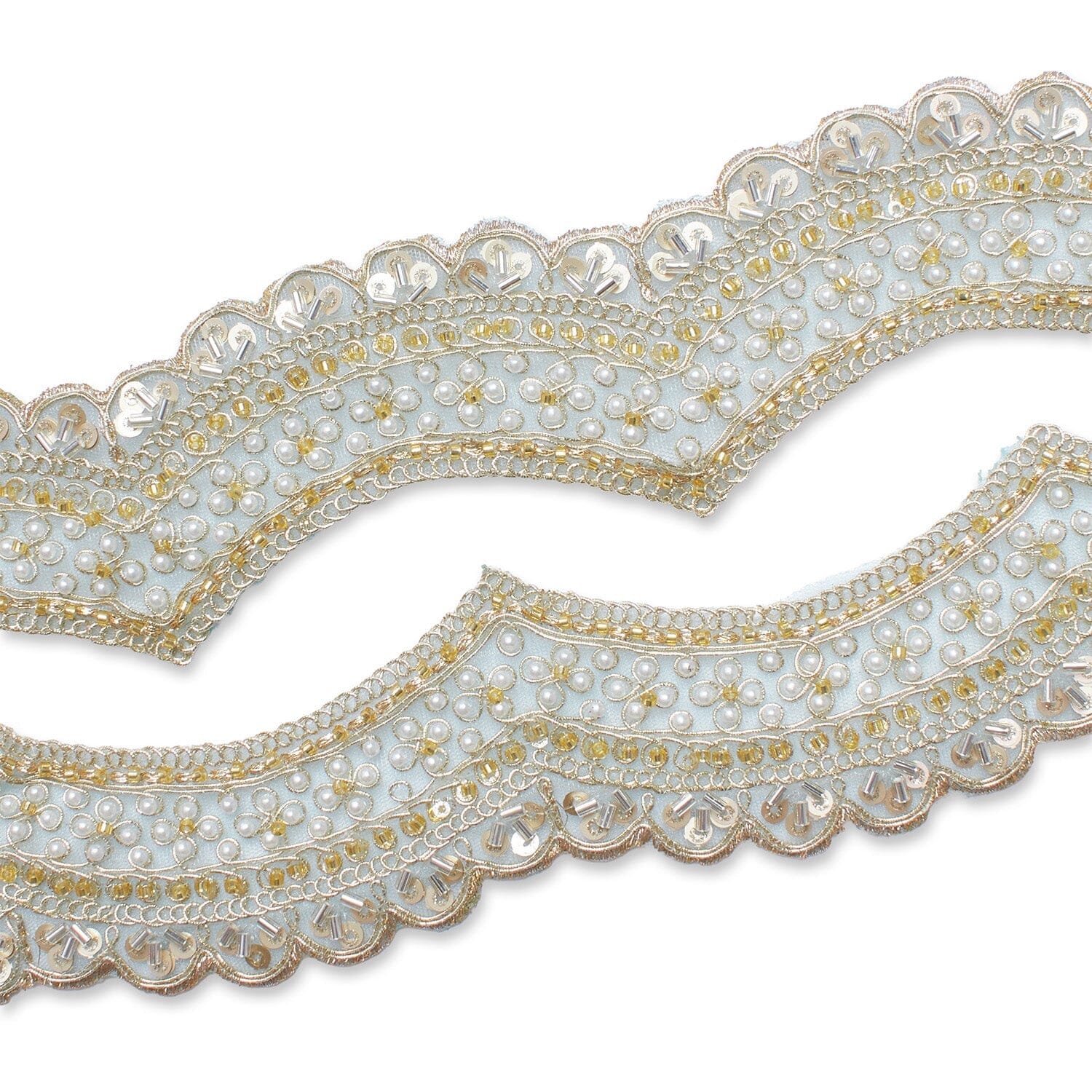 2.5 Inch Beaded Sequin Metallic Cording On Scalloped Mesh Lace Fabric Trim - Image 12