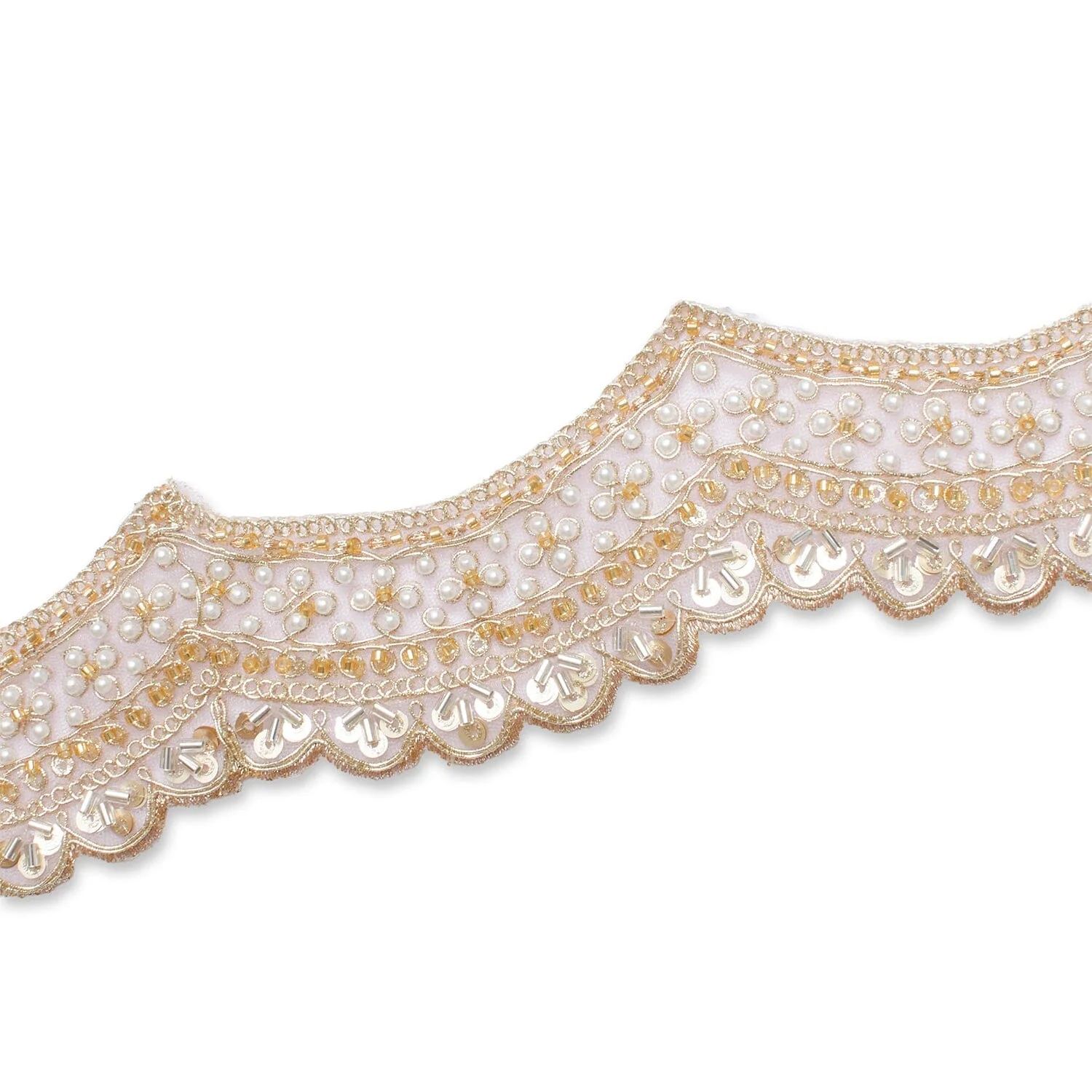 2.5 Inch Beaded Sequin Metallic Cording On Scalloped Mesh Lace Fabric Trim - Image 17