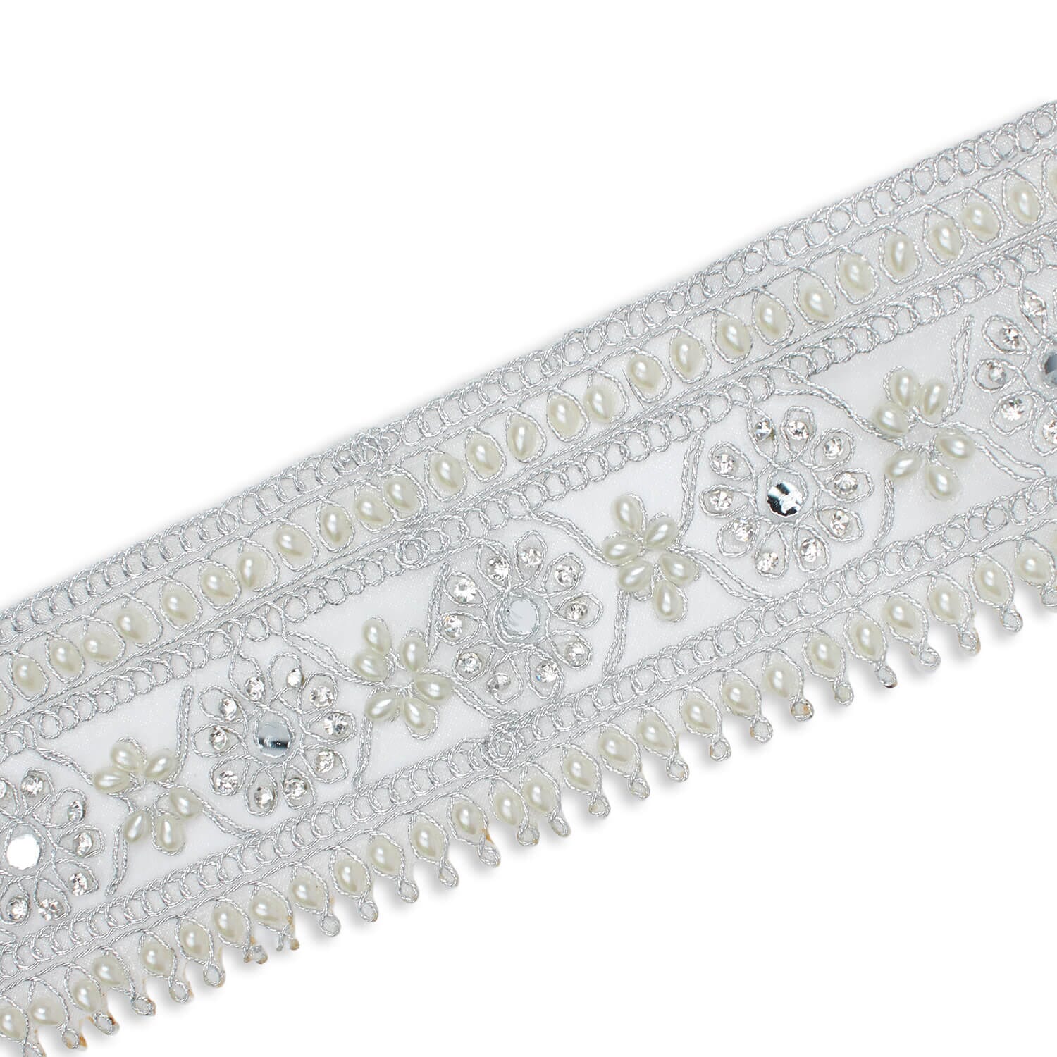 2.5 Inch Daisy Flower Rhinestone Beaded Metallic Cording On Mesh Lace Trim (9.8 Yards / 9 Meters) - Image 2