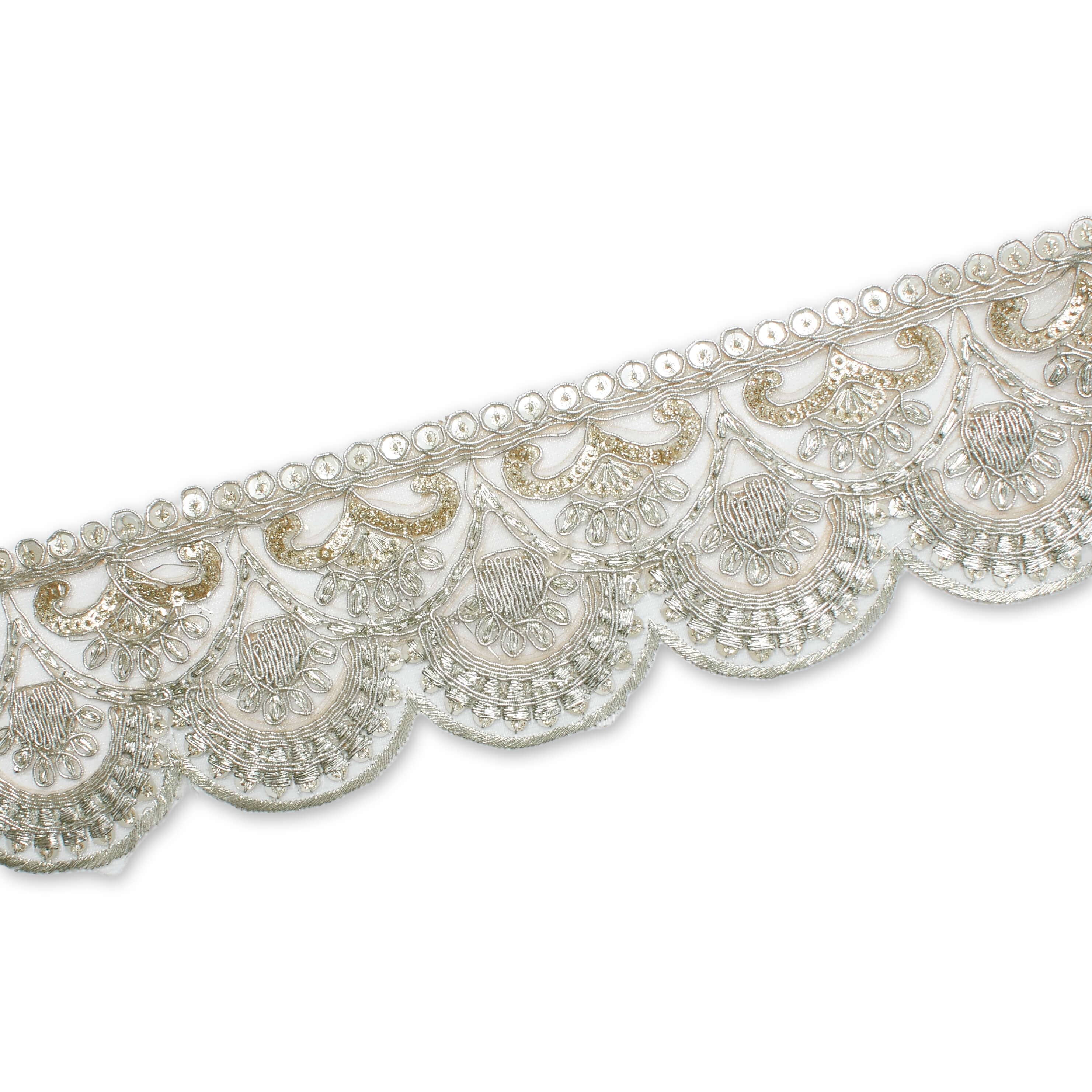 2.5 Inch Scalloped Floral Sequin Metallic Corded Mesh Trim (9.8 Yards / 9 Meters) - Image 2