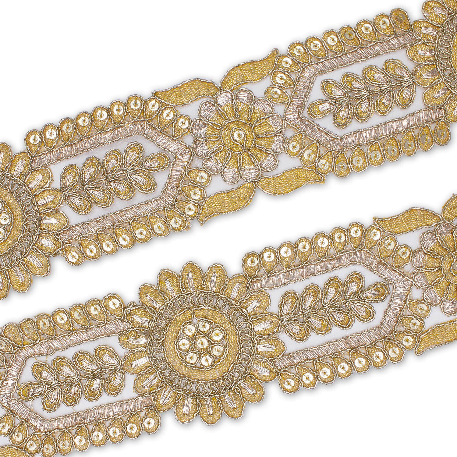 2.5 Inch Sunflower Floral Sequined Metallic Cording With Embroidery On Mesh Trim (9.8 Yards / 9 Meters) - Image 3