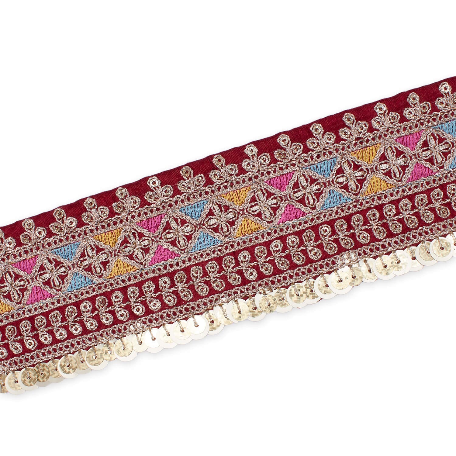2.5 Inch Triangle Geometric Floral Sequined Metallic Corded Embroidered Trim (9.8 Yards / 9 Meters) - Image 2