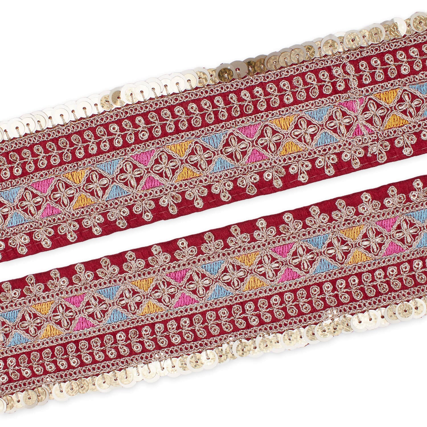 2.5 Inch Triangle Geometric Floral Sequined Metallic Corded Embroidered Trim (9.8 Yards / 9 Meters) - Image 3