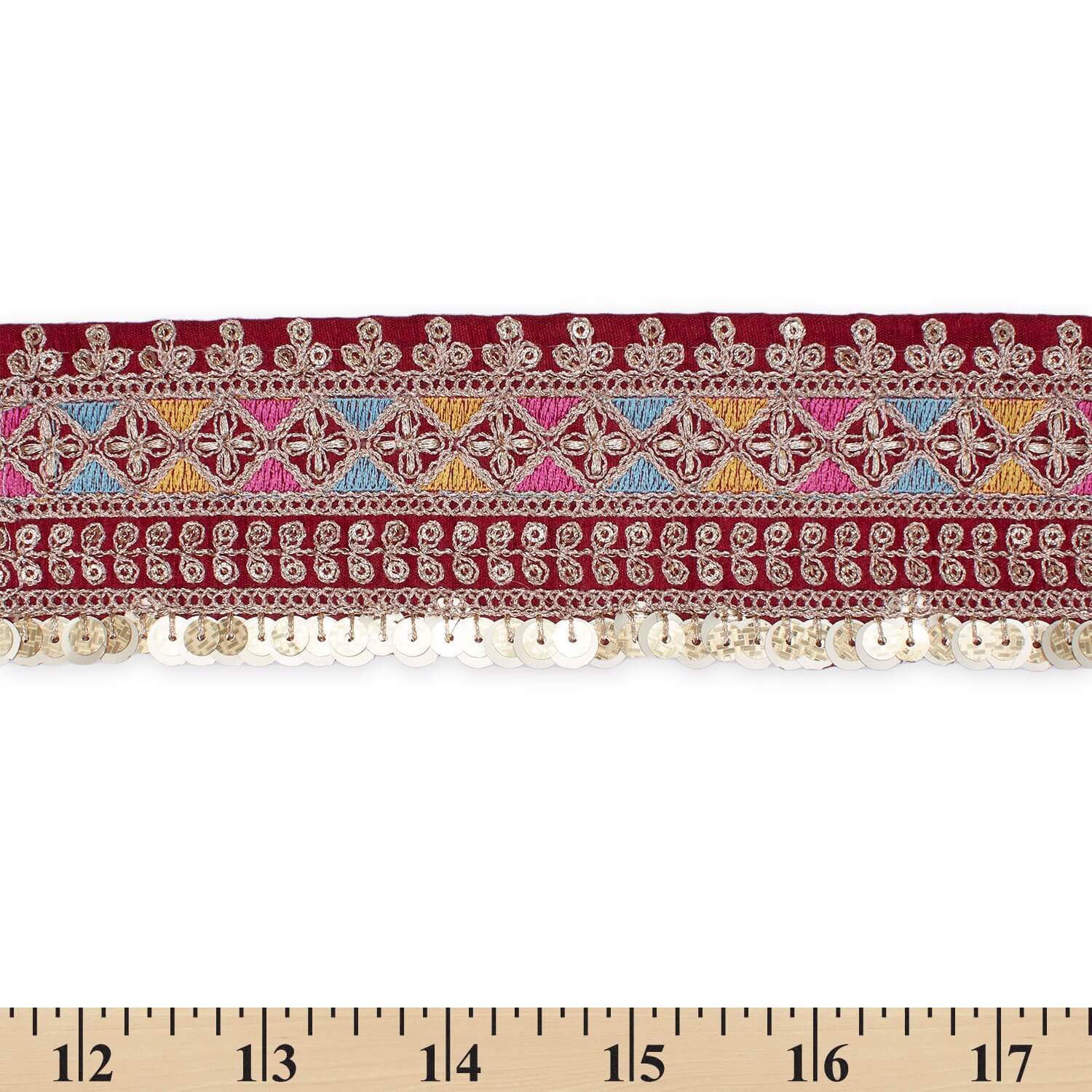 2.5 Inch Triangle Geometric Floral Sequined Metallic Corded Embroidered Trim (9.8 Yards / 9 Meters) - Image 4