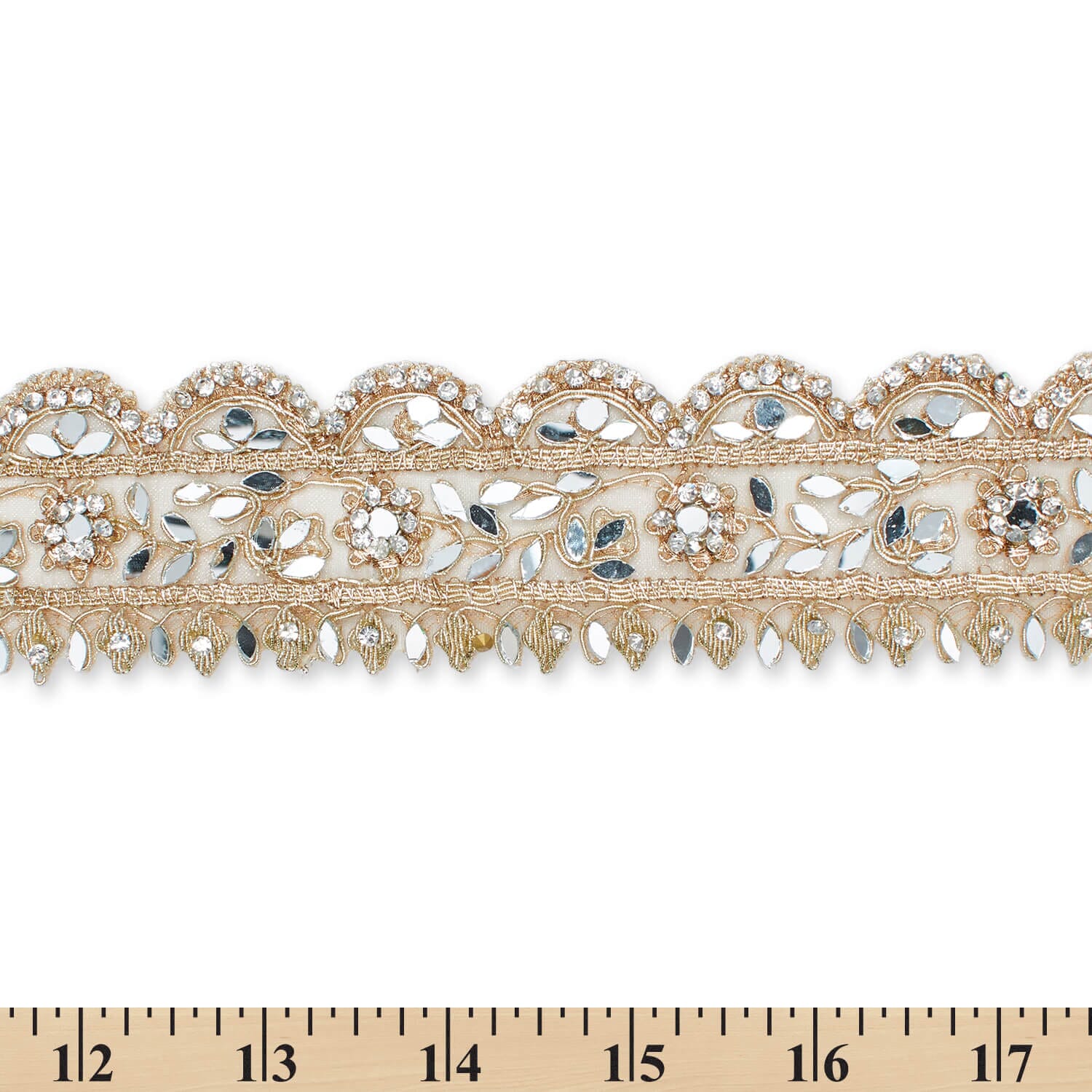 2 Inch Mirror Rhinestones & Metallic Cording On Mesh Lace Trim - Image 3