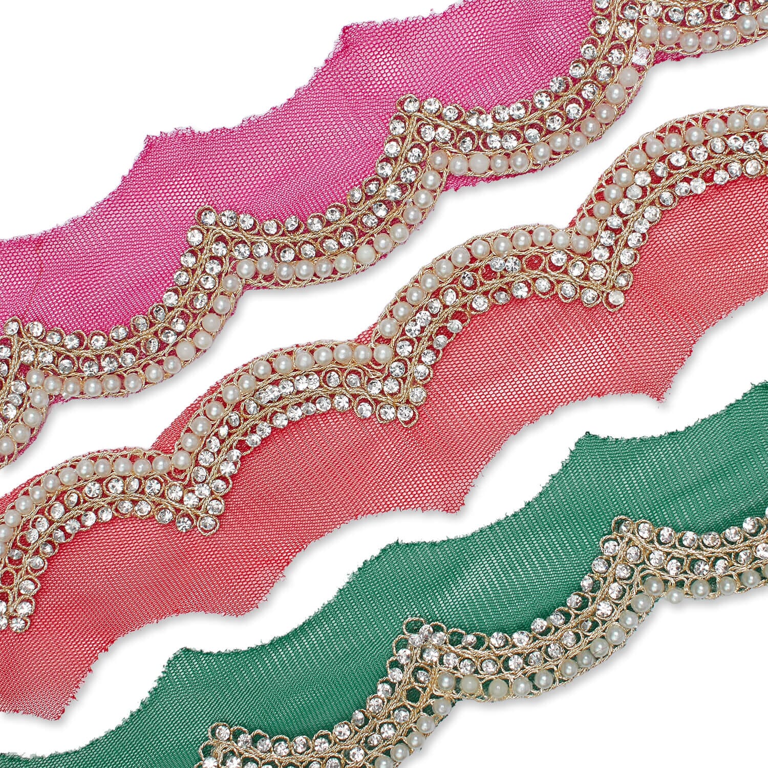 3 Inch Scalloped Regal Rhinestones Beads & Metallic Cording On Polyester Mesh Trim (9.8 Yards / 9 Meters)