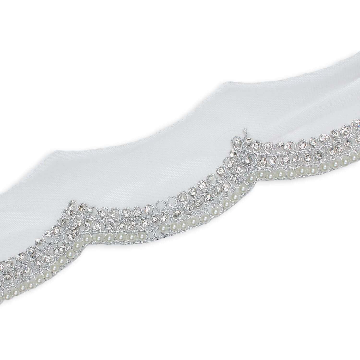 3 Inch Scalloped Regal Rhinestones Beads & Metallic Cording On Polyester Mesh Trim (9.8 Yards / 9 Meters) - Image 2