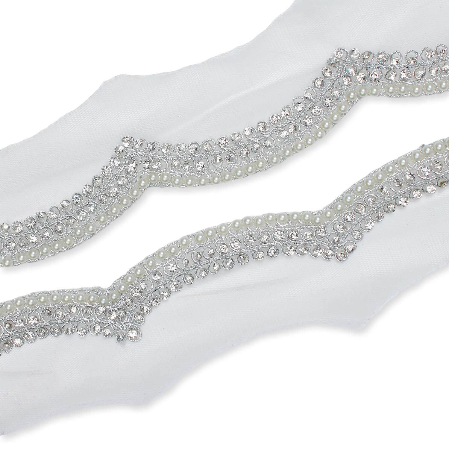 3 Inch Scalloped Regal Rhinestones Beads & Metallic Cording On Polyester Mesh Trim (9.8 Yards / 9 Meters) - Image 3