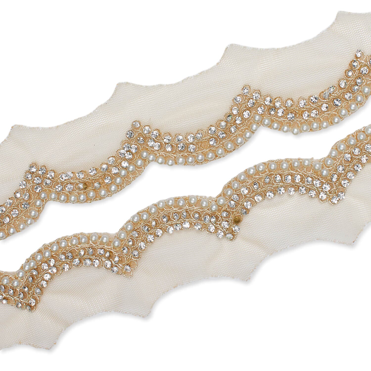 3 Inch Scalloped Regal Rhinestones Beads & Metallic Cording On Polyester Mesh Trim (9.8 Yards / 9 Meters) - Image 6