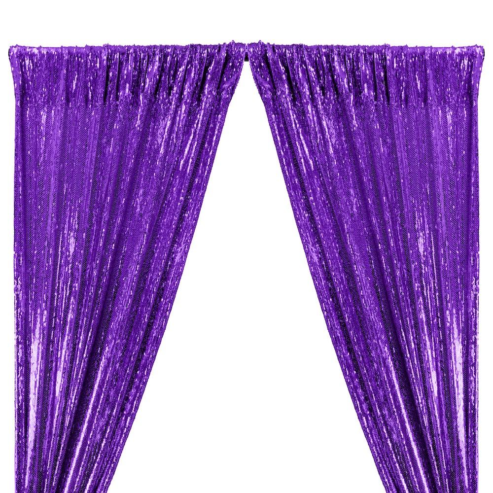 All-Over Sequins Mermaid Scale on Stretch Mesh Rod Pocket Curtains - Purple
