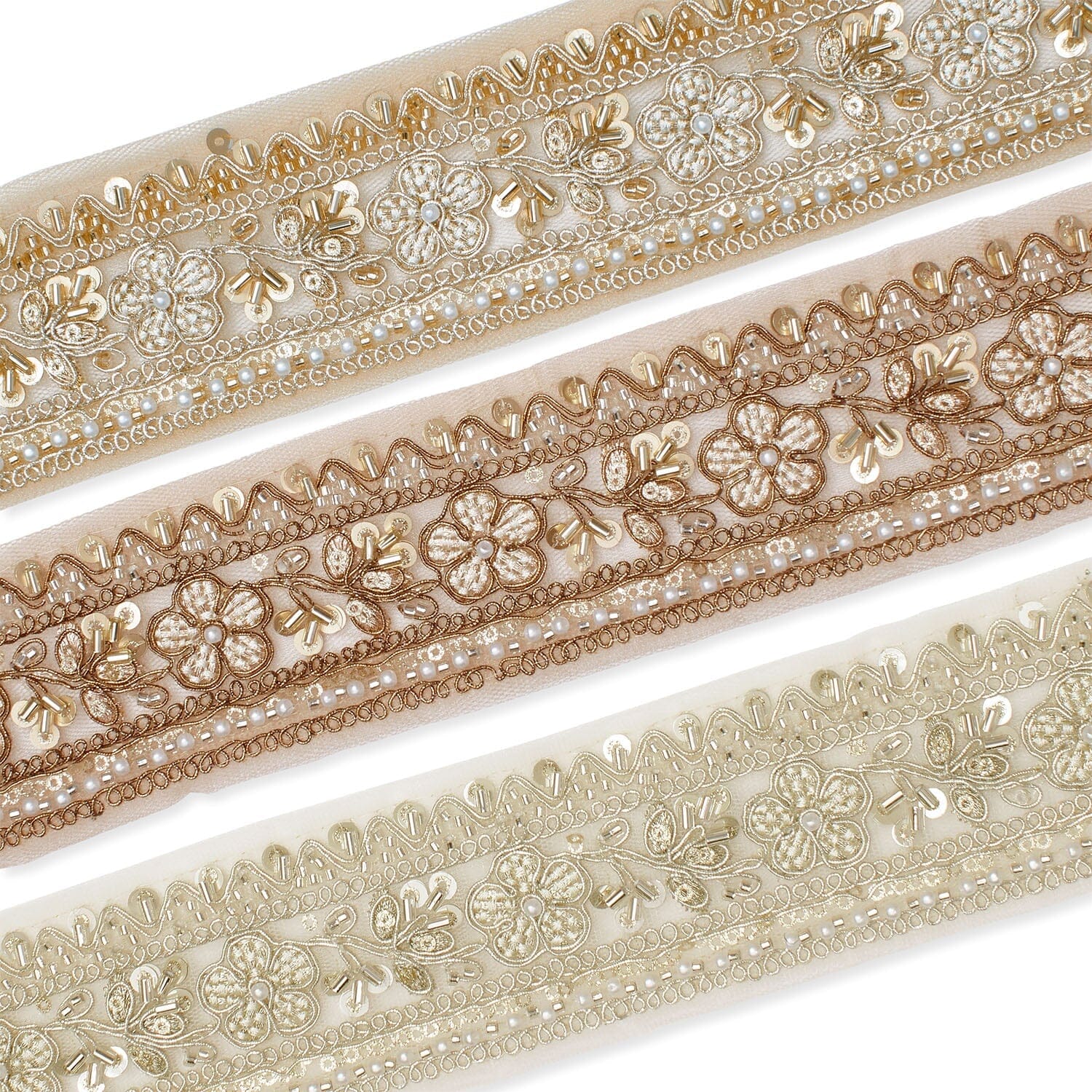 Floral Vine Beaded Sequin Metallic Woven Embroidery On 2 Inch Hemmed Mesh Lace Trim