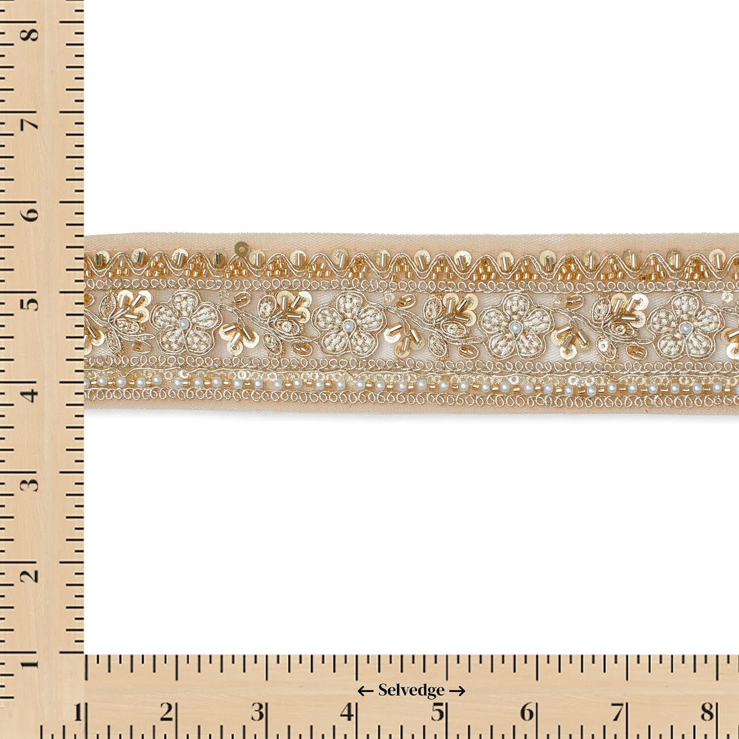 Floral Vine Beaded Sequin Metallic Woven Embroidery On 2 Inch Hemmed Mesh Lace Trim - Image 10