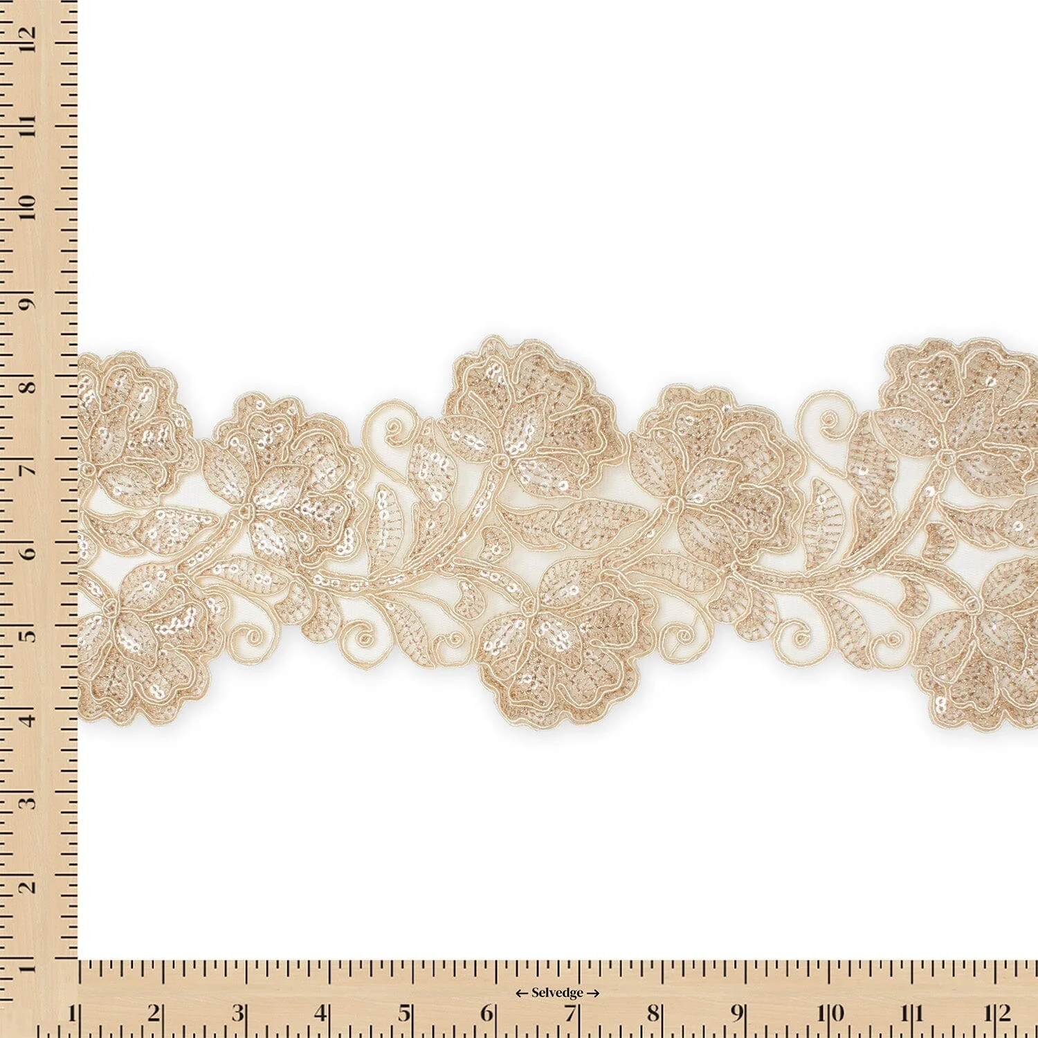 Floral Vine Corded Sequin Embroidery On 4 Inch Scalloped Mesh Lace Trim - Image 10
