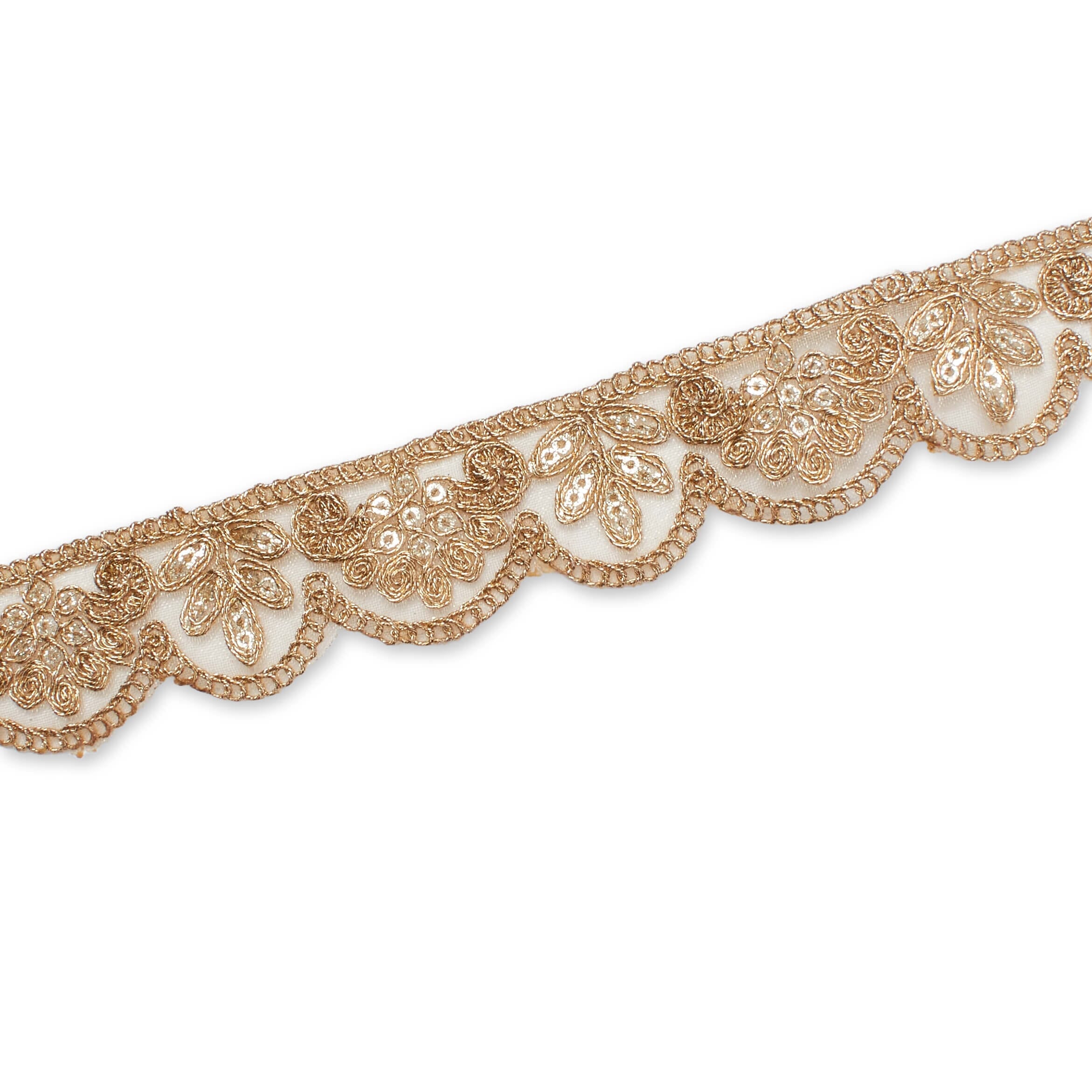 1.25 Inch Vine Sequined Metallic Corded Scalloped Mesh Lace Trim - Image 9
